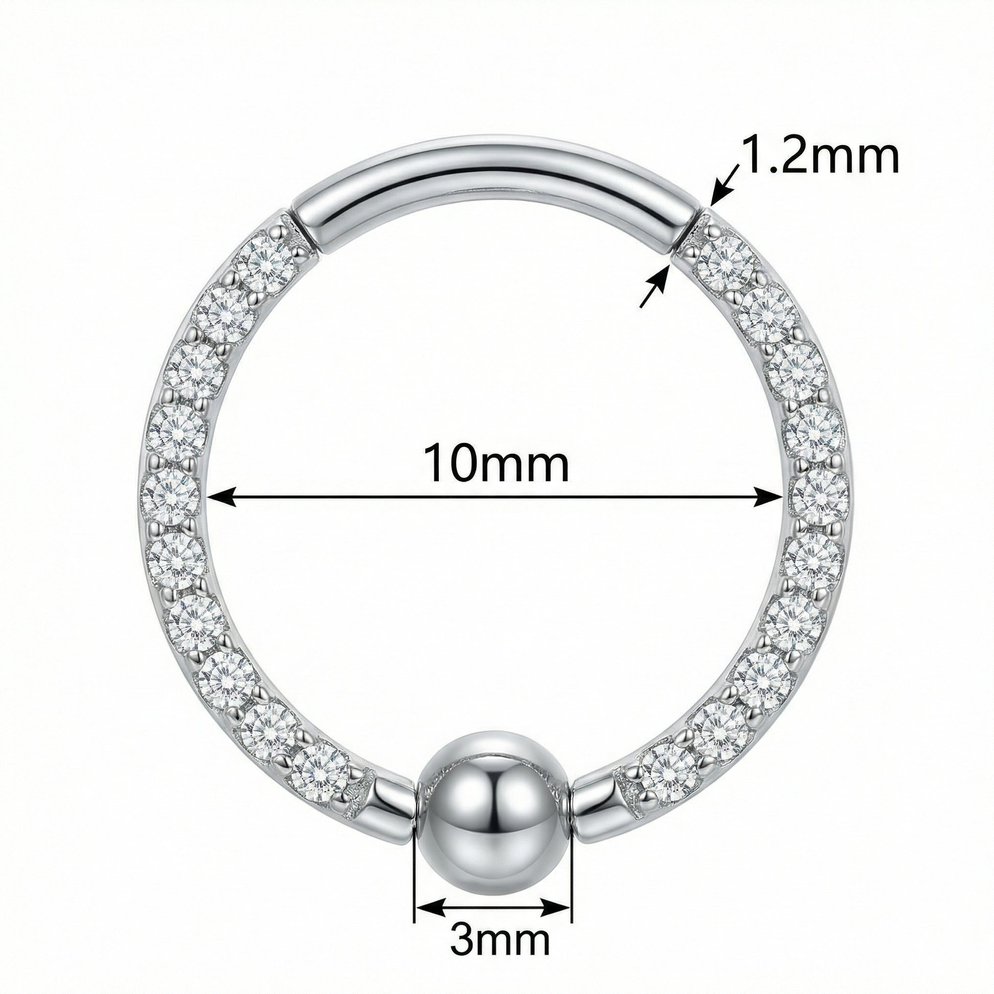 Dimensions blueprint for the 10mm silver zircon bead clicker ring showing the