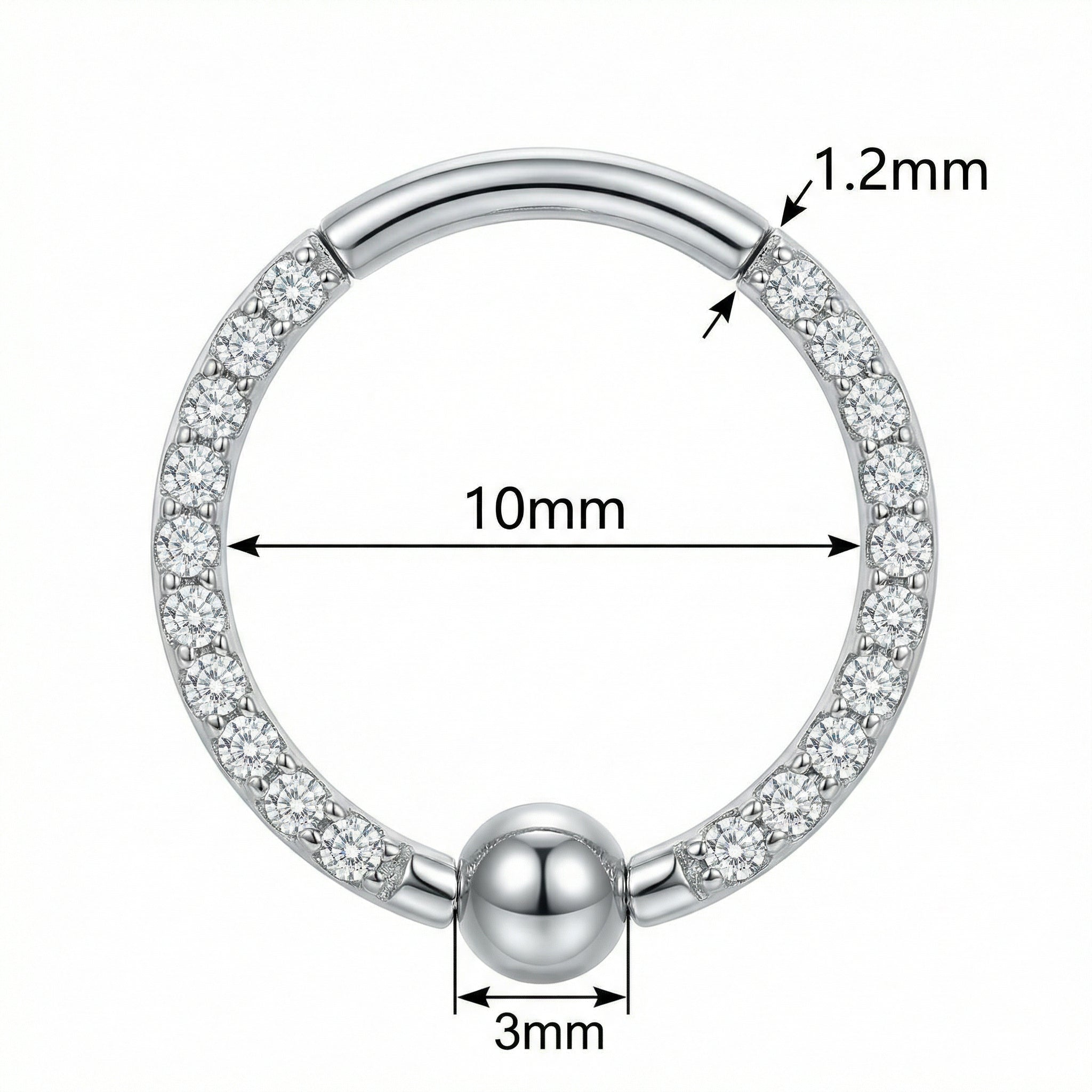 Dimensions blueprint for the 10mm silver zircon bead clicker ring showing the