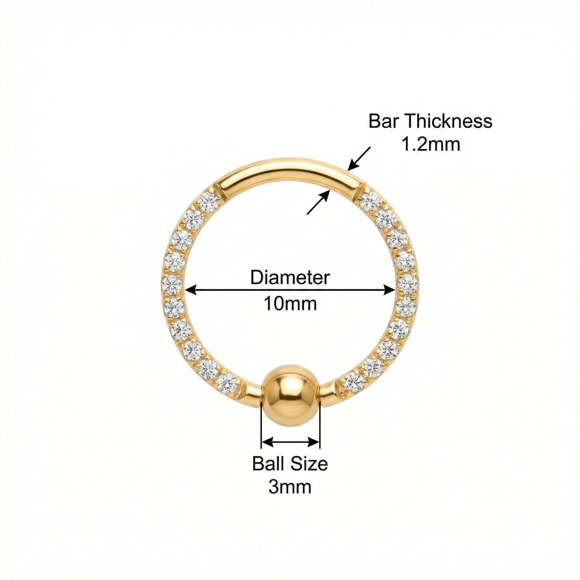 Measurement chart for the 10mm gold zircon bead clicker hoop showing bar