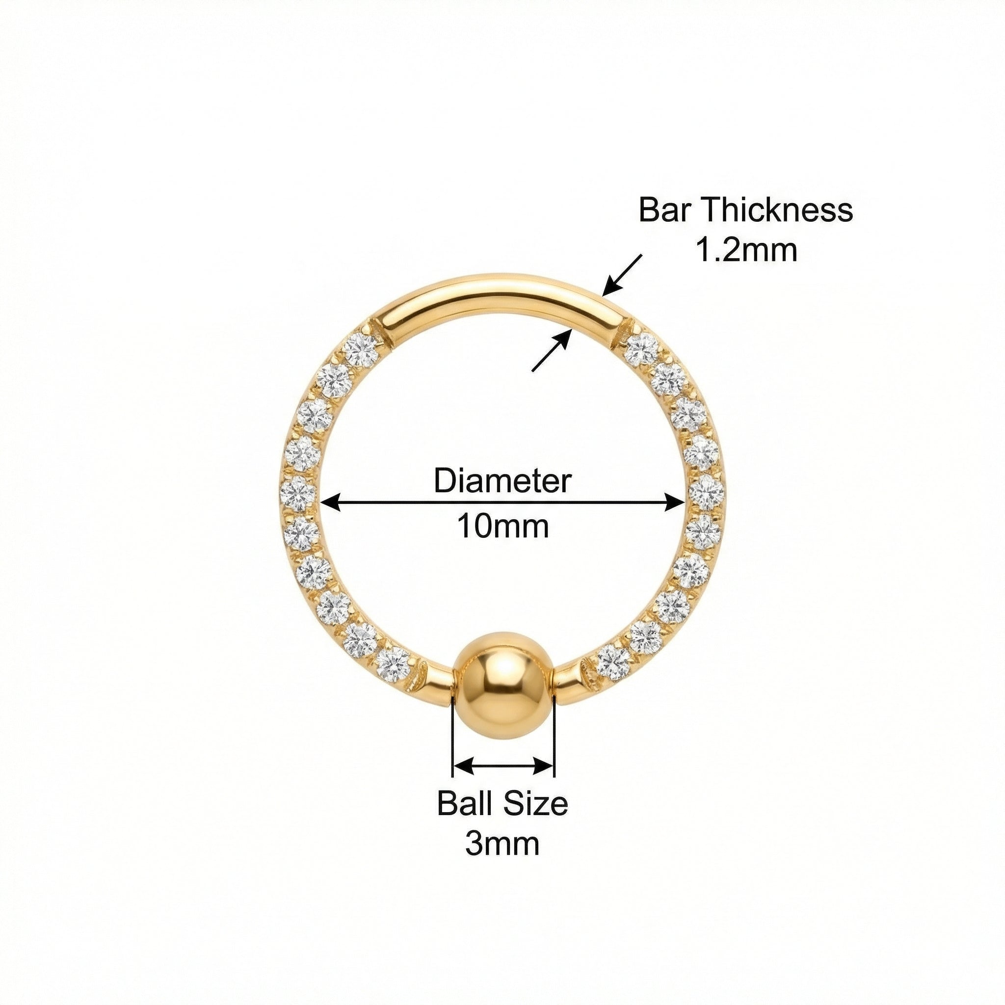 Measurement chart for the 10mm gold zircon bead clicker hoop showing bar