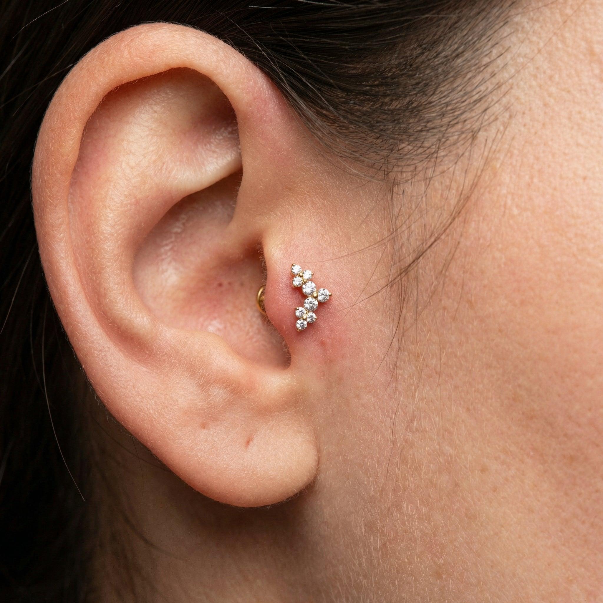 Model showcasing a silver elegant cluster in a piercing.