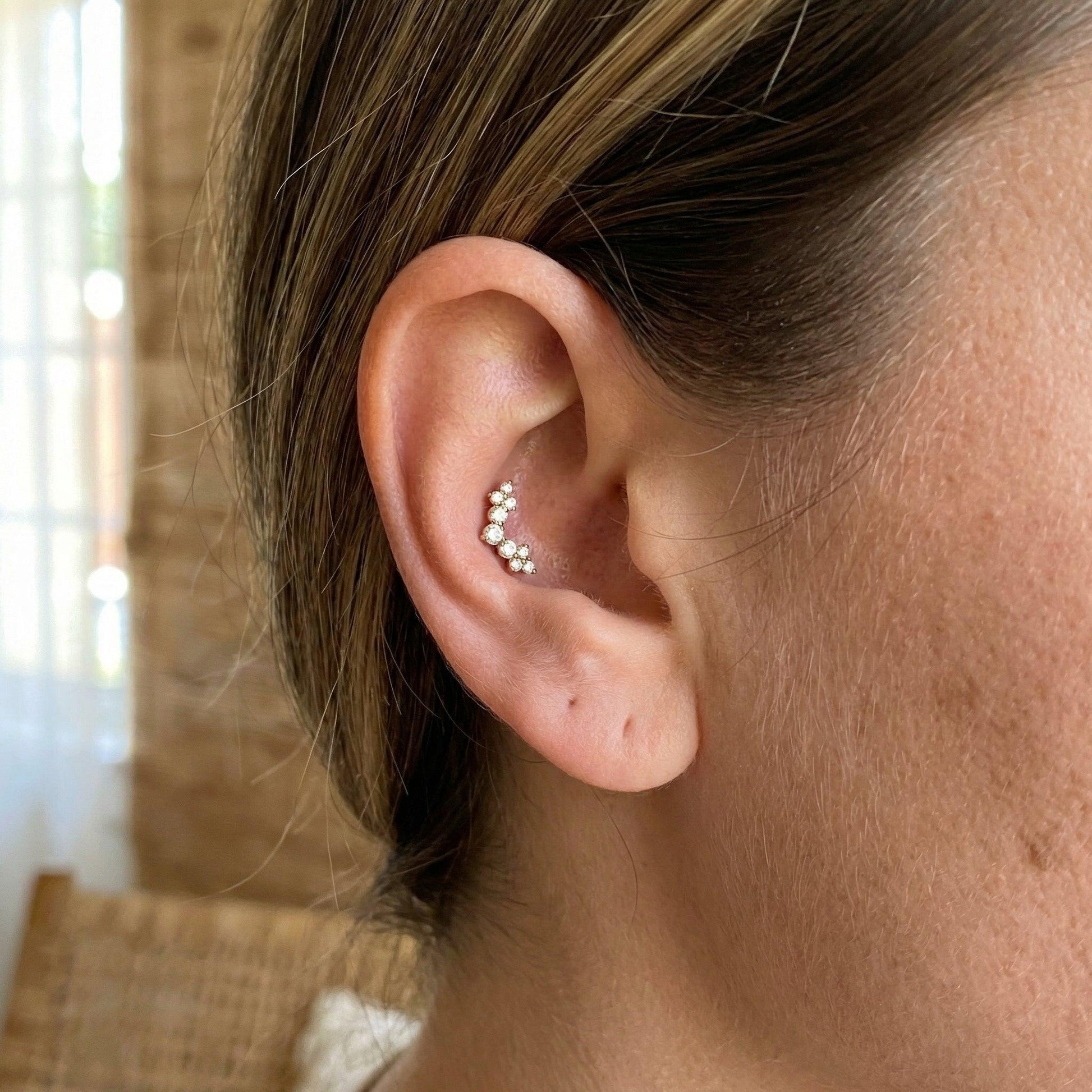 Profile of a model wearing a silver titanium elegant cluster in her