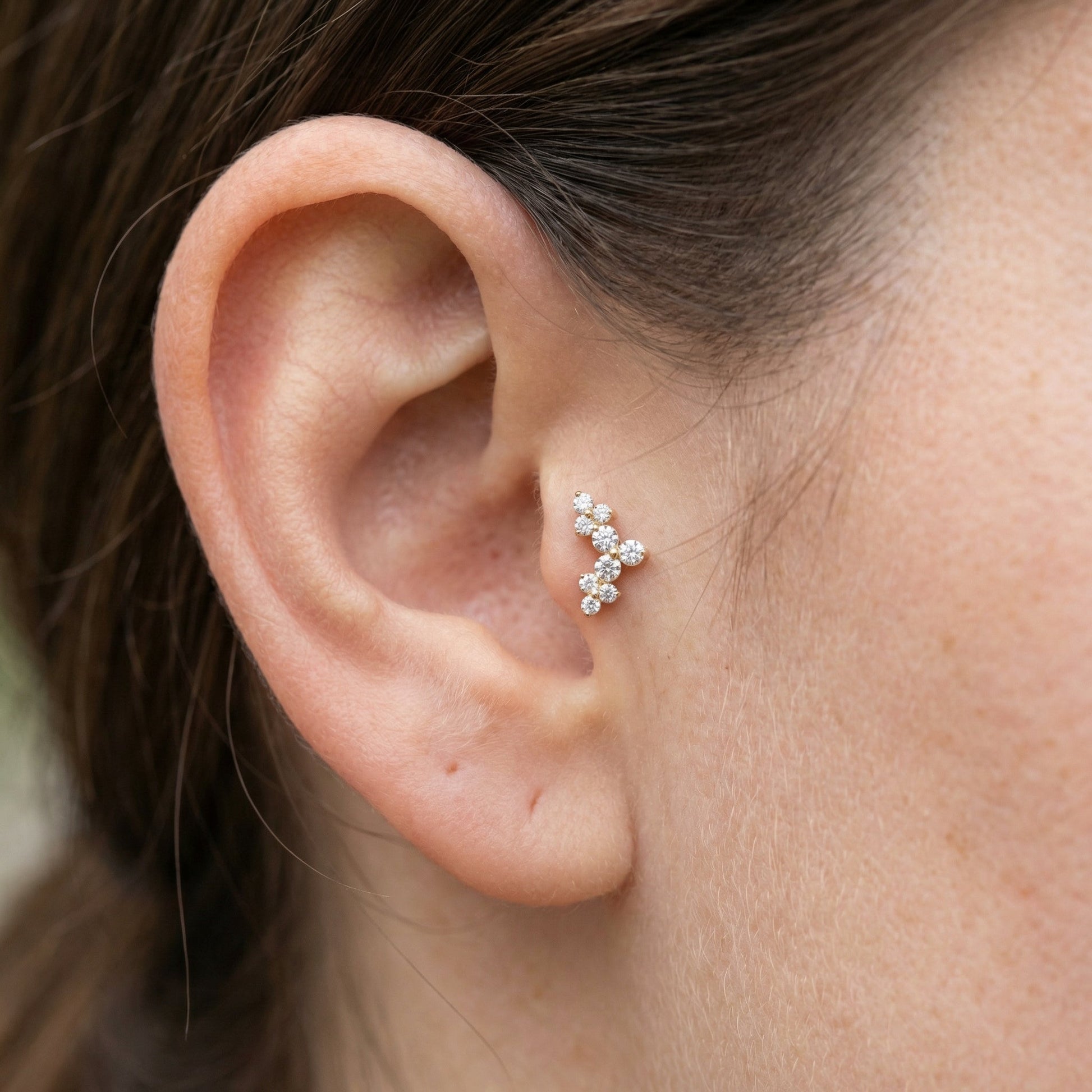 Gold zircon cluster stud — tragus jewelry placement