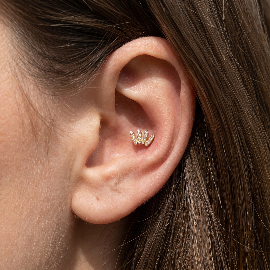 Silver zircon crawler stud — conch jewelry placement