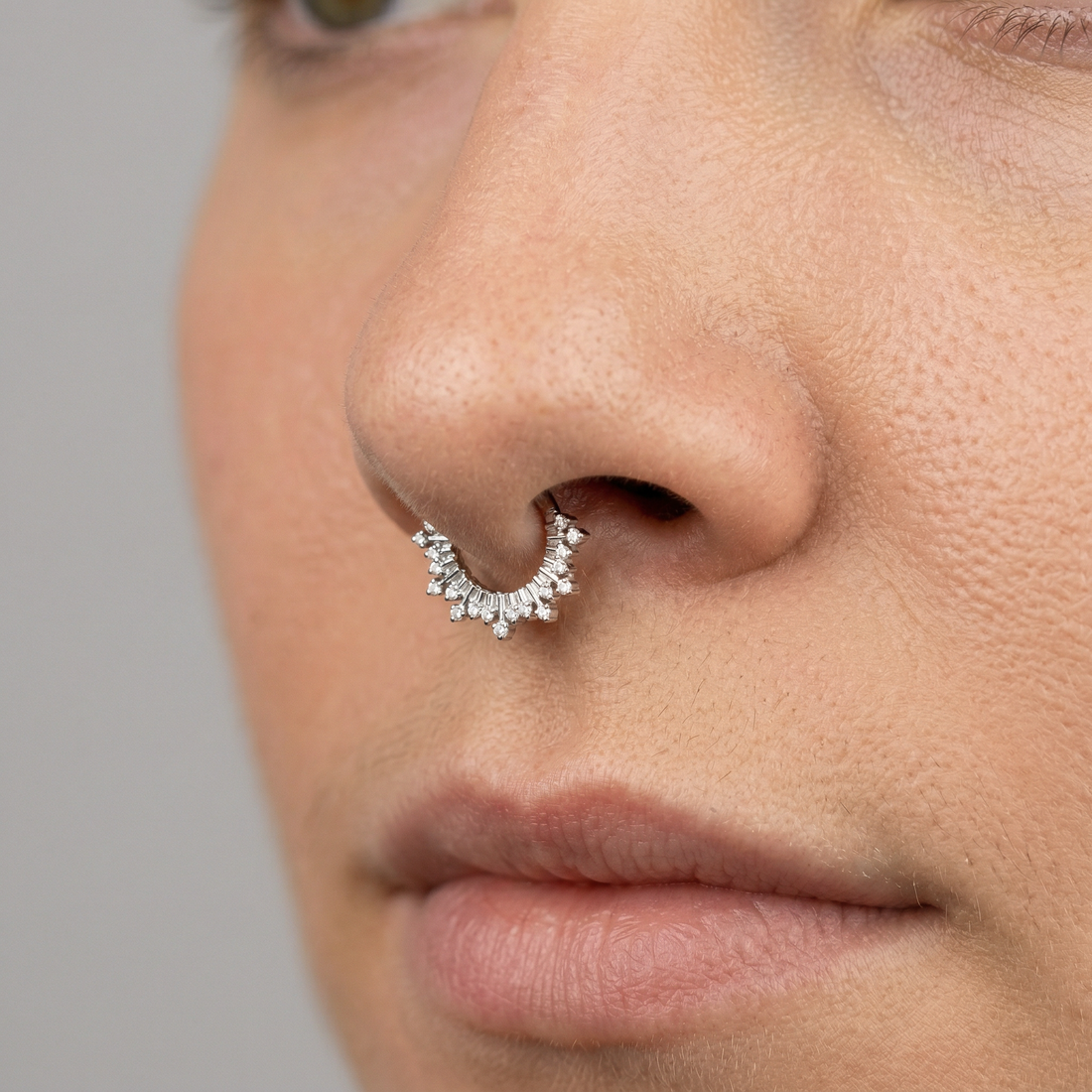Gold zircon crown hinged stud — septum nose placement