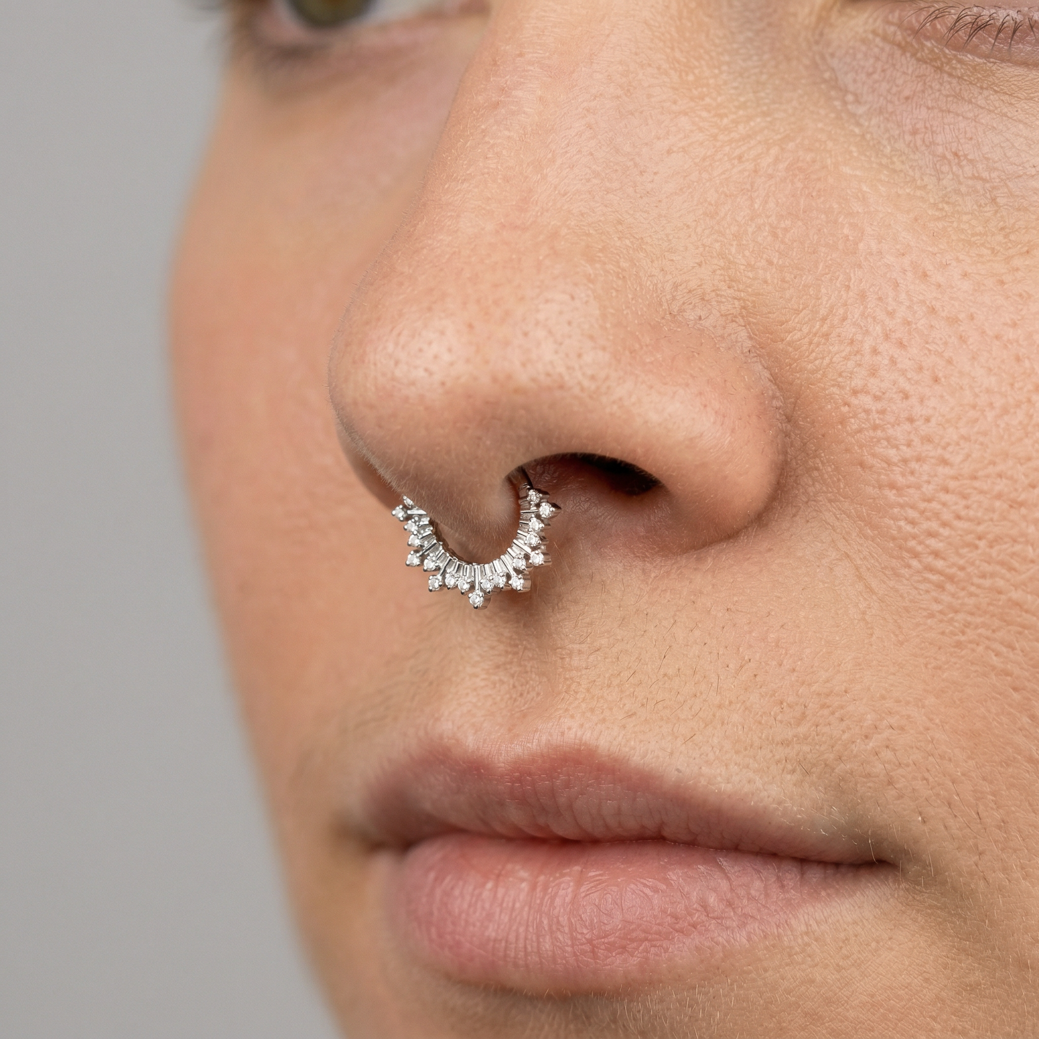 Gold zircon crown hinged stud — septum nose placement