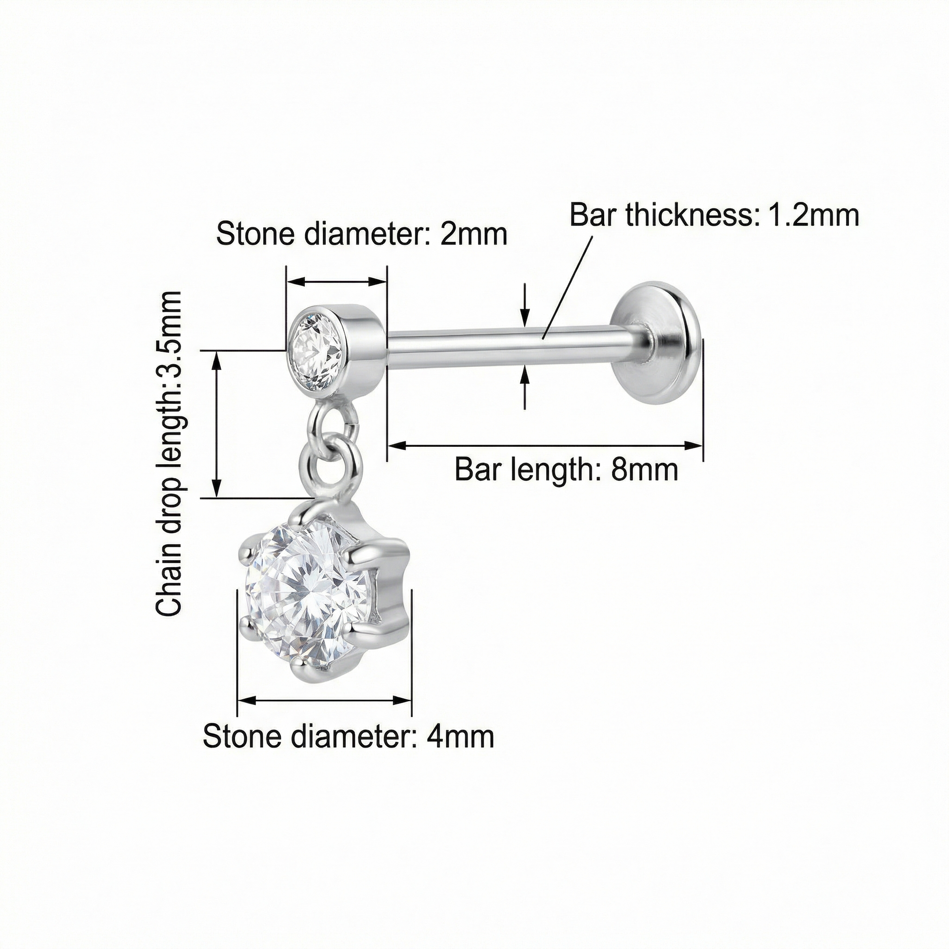 Zircon Hidden Helix Piercing - Dimensions blueprint for the