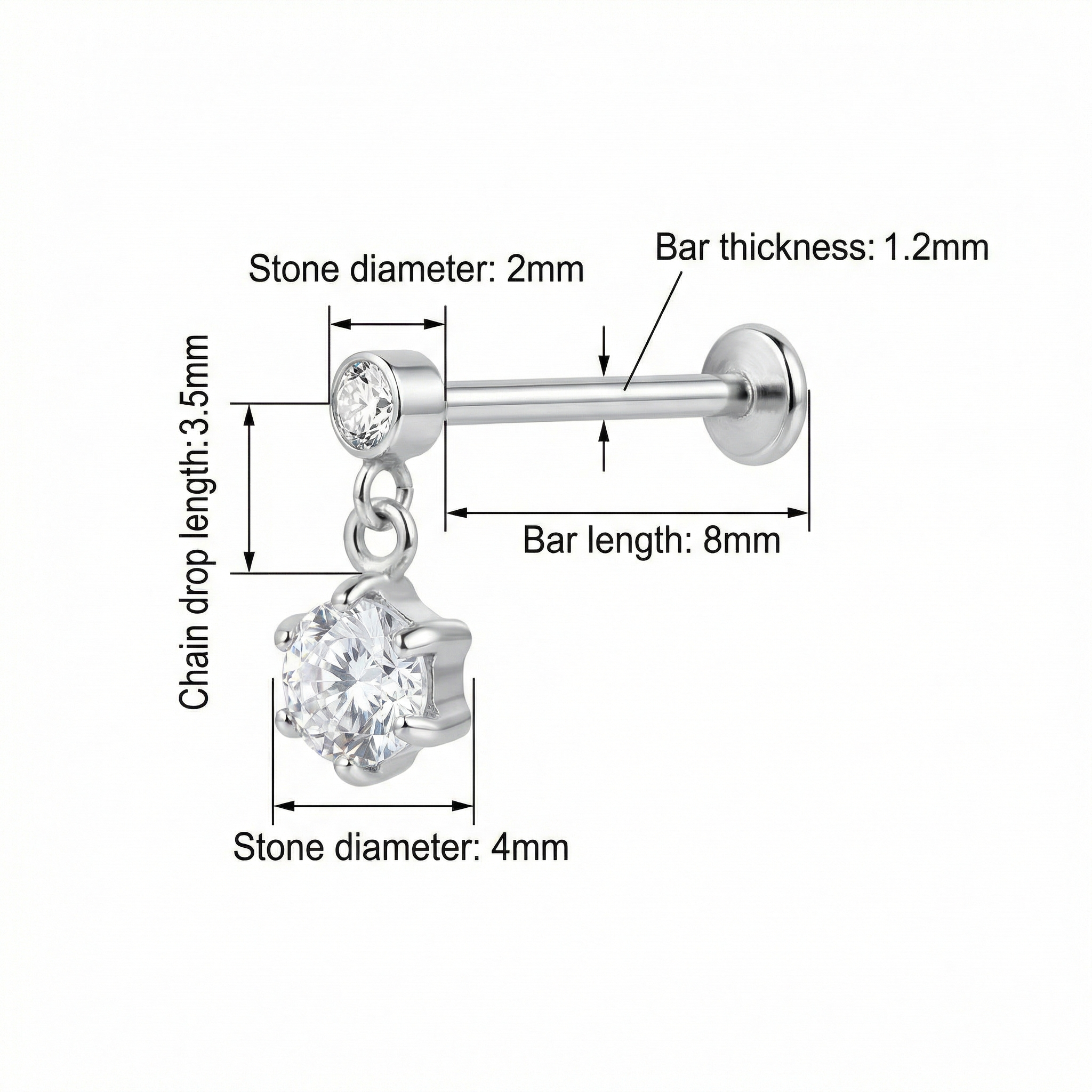 Zircon Hidden Helix Piercing - Dimensions blueprint for the