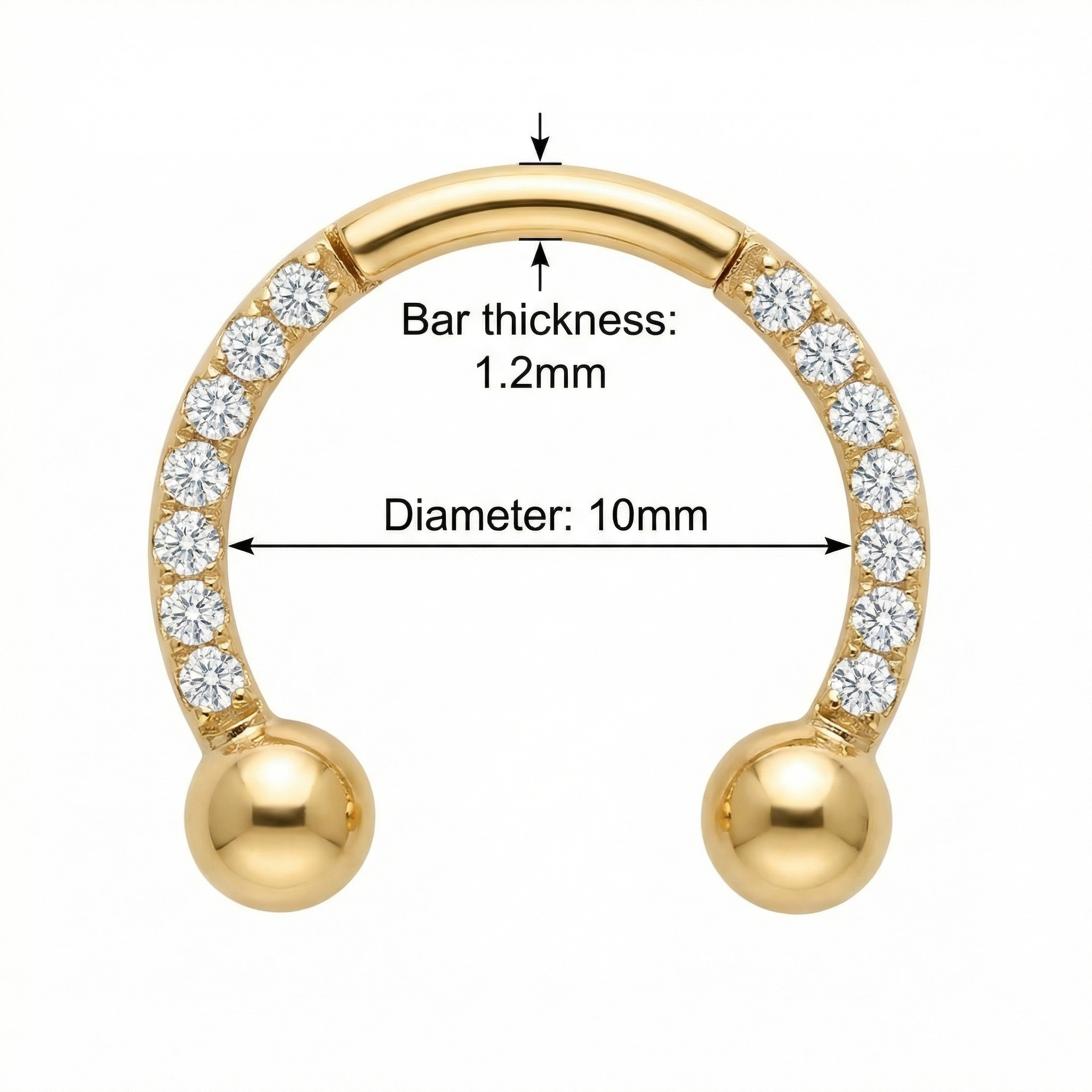 Measurement chart for the 10mm gold zircon pave horseshoe clicker ring detailing