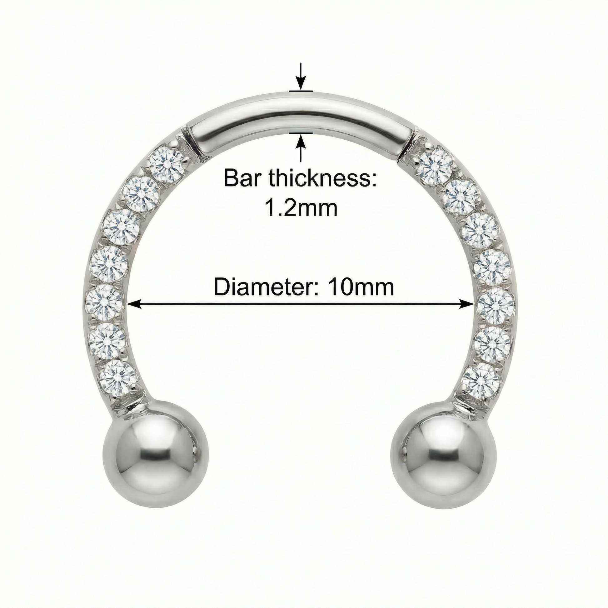 Measurement diagram for the 10mm silver zircon pave horseshoe clicker showing size