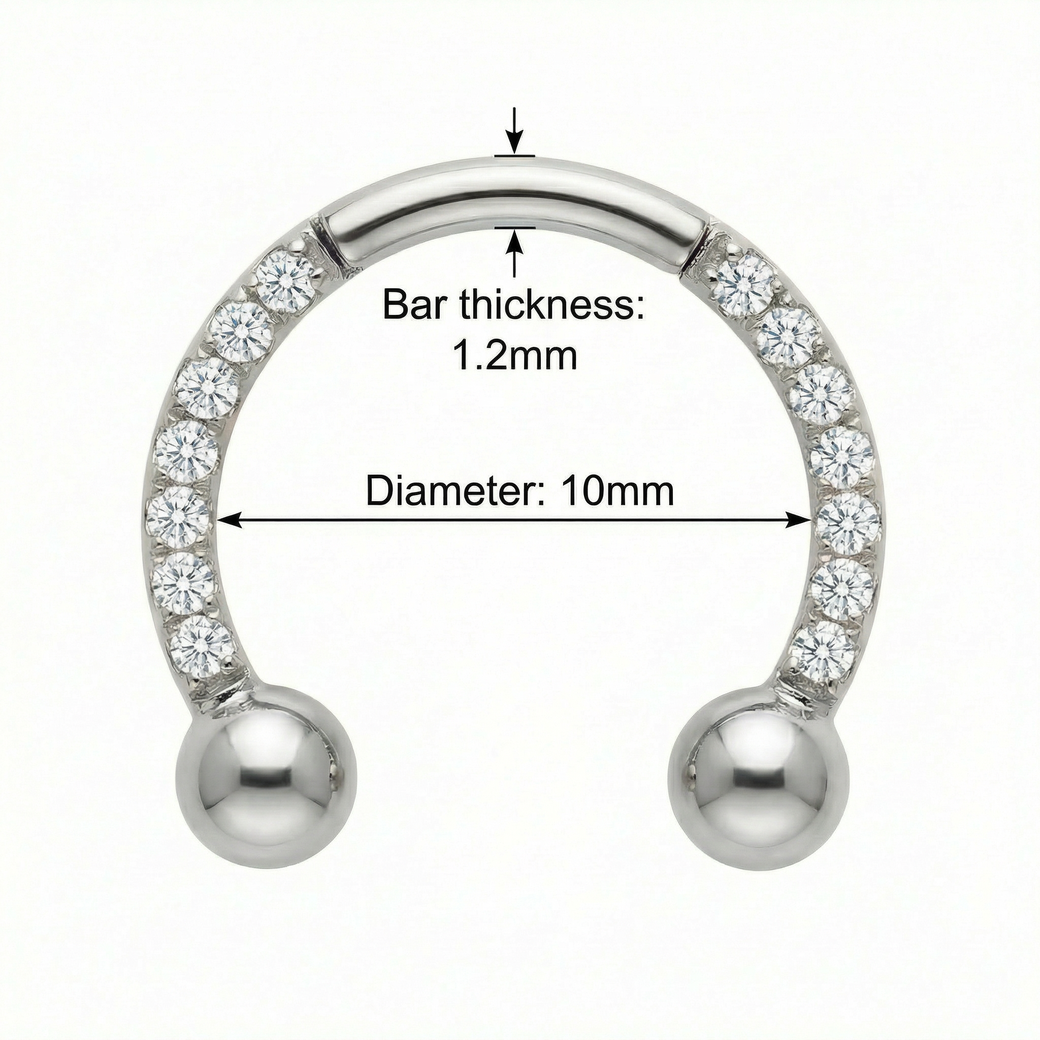 Measurement diagram for the 10mm silver zircon pave horseshoe clicker showing size