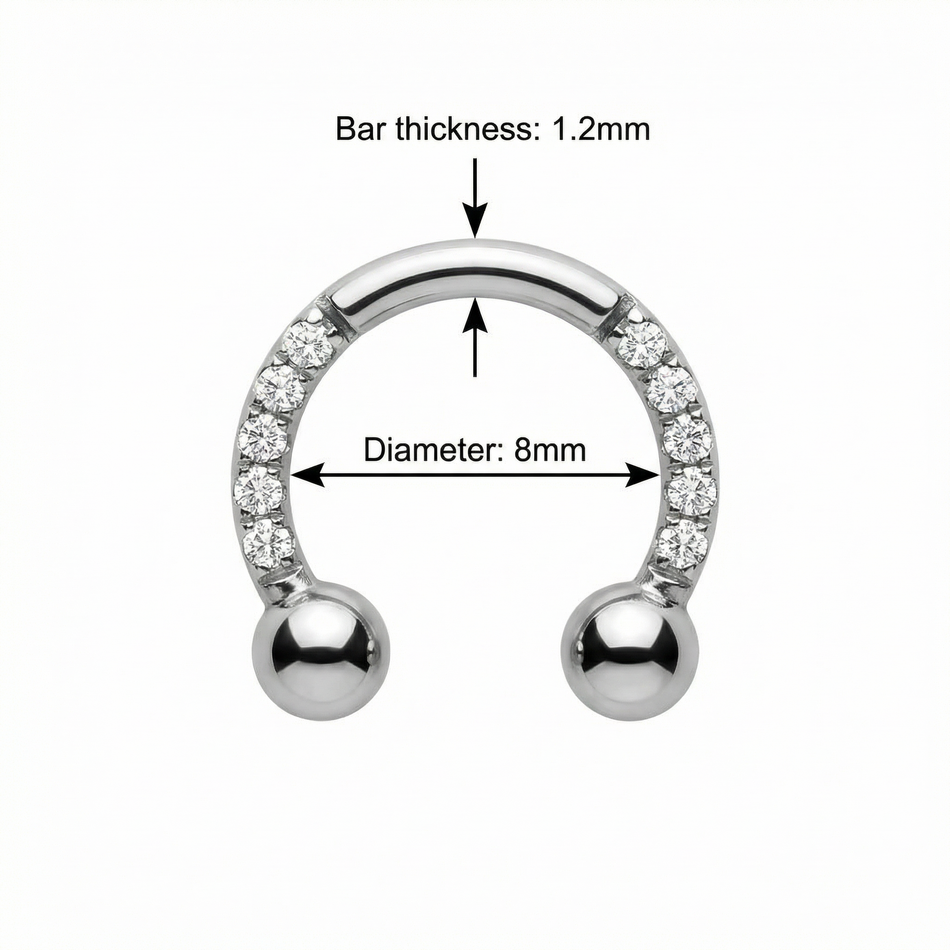 Dimensions blueprint for the 8mm silver zircon pave horseshoe clicker showing inner