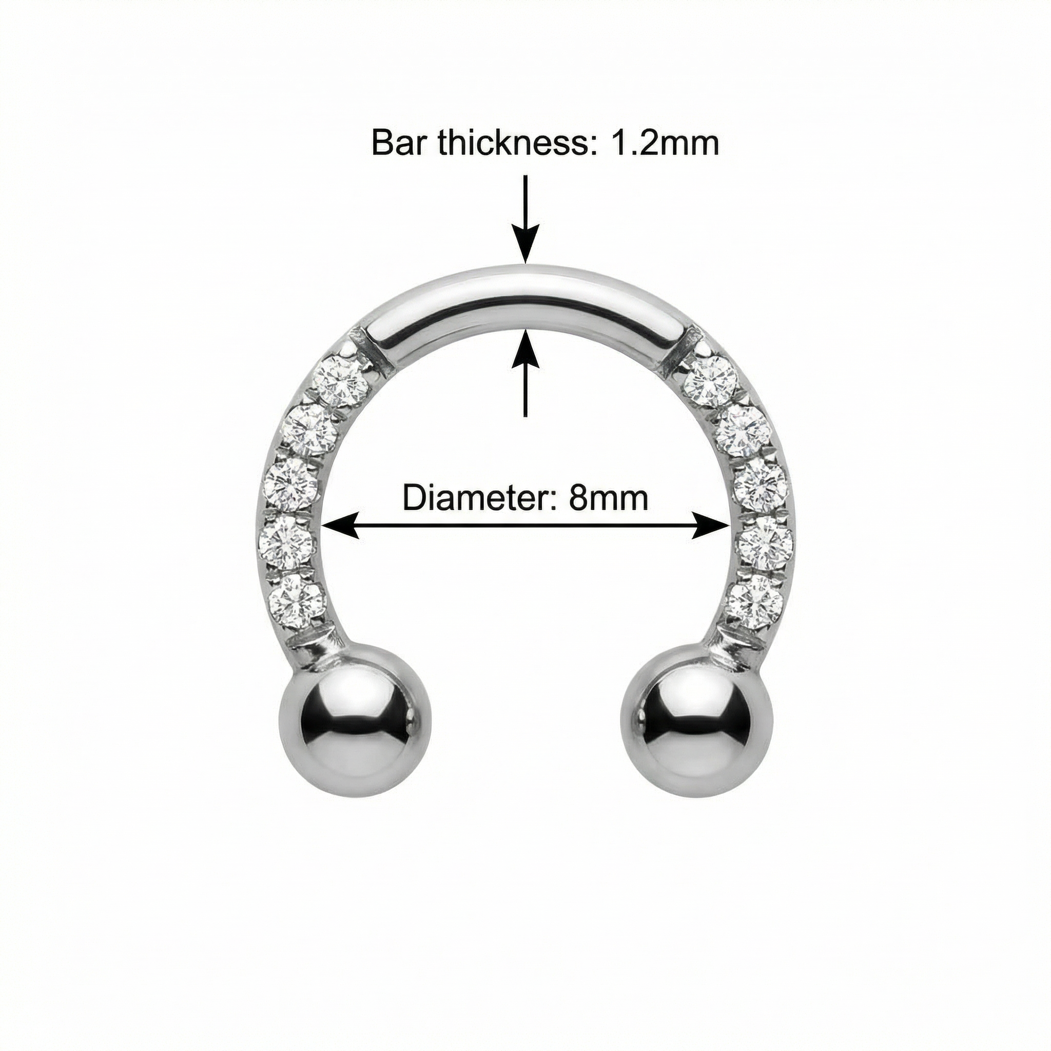 Dimensions blueprint for the 8mm silver zircon pave horseshoe clicker showing inner